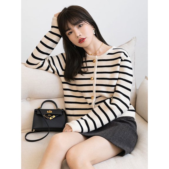 Fashion Korean Striped Cardigan Sweater Women Casual Long Sleeve Knitted Tops Fall Winter O Neck Simple Office Lady Outwear