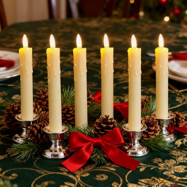 Velas de cera de 7,5 pulgadas, sin llama, a pilas, con temporizador y regulador de intensidad, 6 portavelas blancos para ceremonias, fiestas, Navidad y Halloween.