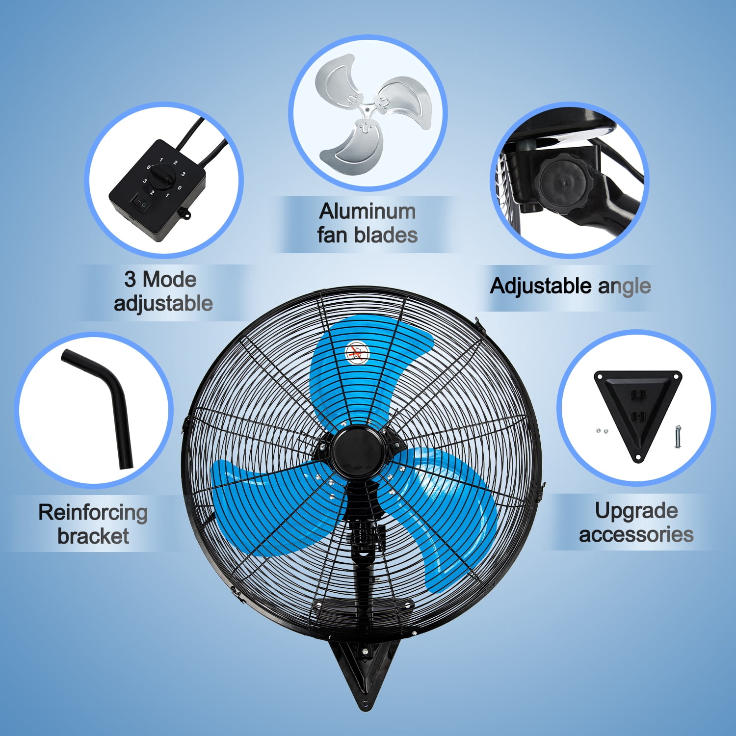 24” Wall Mount Fan 8000 CFM High Velocity Industrial Heavy Duty Fan with 3-Speed Oscillating Commercial Use for Warehouse, Garage, Factory, Blue