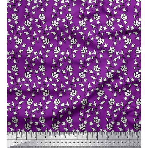 Soimoi Poly Georgette Fabric Leaves & Floral Block Print Sewing Fabric Yard 42 Inch Wide