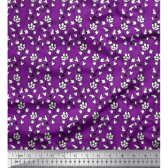 Soimoi Japan Crepe Satin Fabric Leaves & Floral Block Print Sewing Fabric Yard 42 Inch Wide