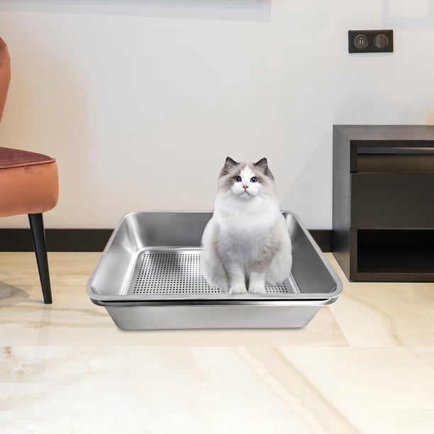 Caja de arena para gatos, arenero de acero inoxidable, arenero, orinal con parte superior abierta, suministros de metal para gatos de interior,