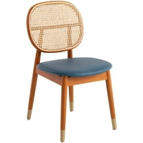 LeisureMod Holbeck Mid-Century Modern Wicker Dining Chair with Upholstered Leather Seat and Beech Wood Legs, Contemporary Accent Side Chair for Kitchen and Dining Room (Navy Blue)