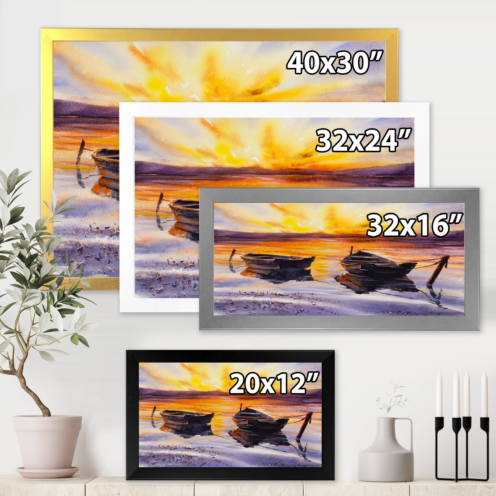 Designart 'Two Small Boats Parking On The Shore and Sunset' Lake House Framed Art Print