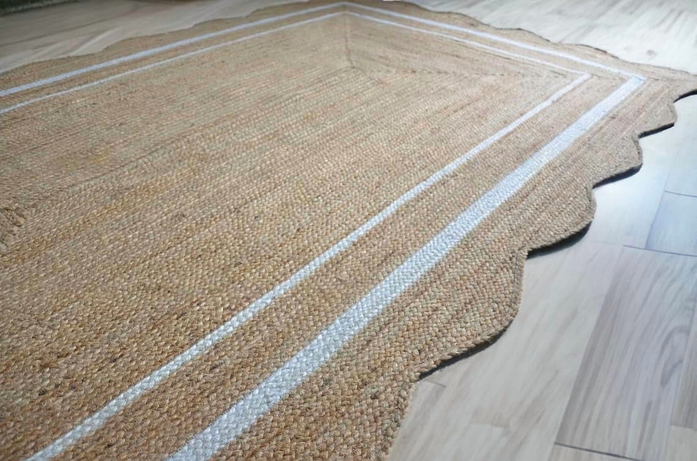 2x8 Ft White Border Premium Scalloped Jute Rug, Handcrafted Natural Braided Carpet for Living Room, Bedroom, Entryway, Hallway etc.