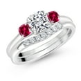 thumbnail image 2 of Gem Stone King 10K White Gold Lab Grown Diamond and Red Created Ruby 3 Stone Bridal Engagement Wedding Ring Set for Women | 1.07 Cttw | 5MM and 3MM Cushion Cut | Gemstone April Birthstone | Size 9, 2 of 6