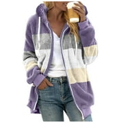 Ascend Jacket Women's Plus Size Casual Color Block Plush Sweatshirt Zipper Hoodie Loose Blouse Warm Coat