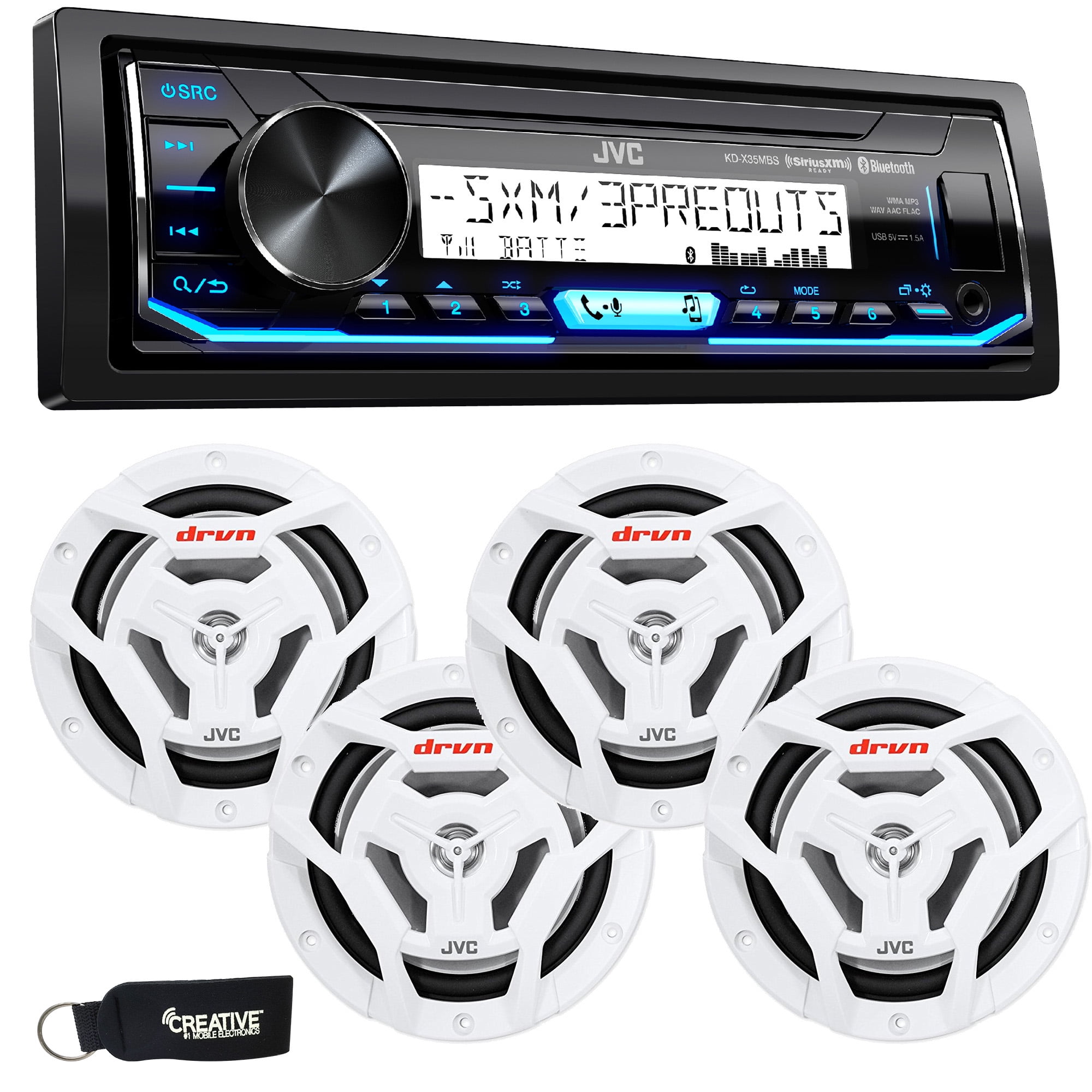 JVC KDX35MBS Marine Radio with 6.5 Inch JVC CSDR6201MW White Marine Speakers 2 Pair 4 Total