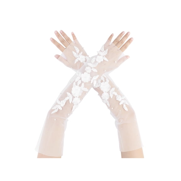 INSPIRE CHIC Women's Lace Floral Mesh Gloves Female Pearl Bowknot Polka point Wrist Fingerness Length Sleeves for Elegant Bridge Wedding Evening Party White1