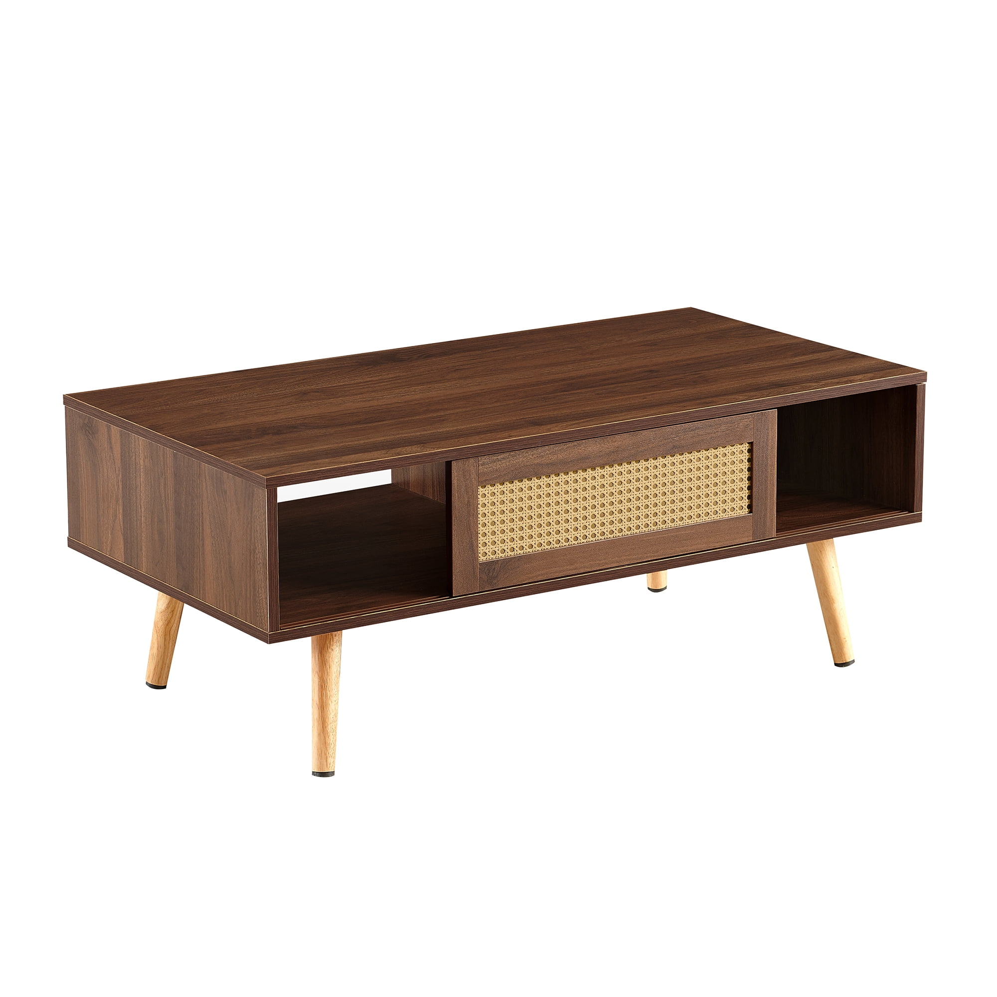 Coffee Table, Living Room Table, Storage Coffee Table with PE Rattan Finish Sliding Door Storage Compartment Solid Wood Legs Adjustable Feet, Walnut