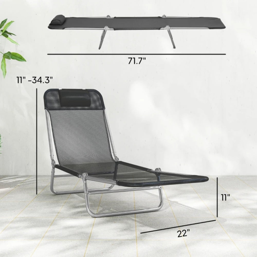 2-Pack Outdoor Tanning Sun Lounger 5-Position Adjustable Backrest Breathable Mesh Folding Pool Lounge Chair with Head Pillow for Patio Beach Poolside