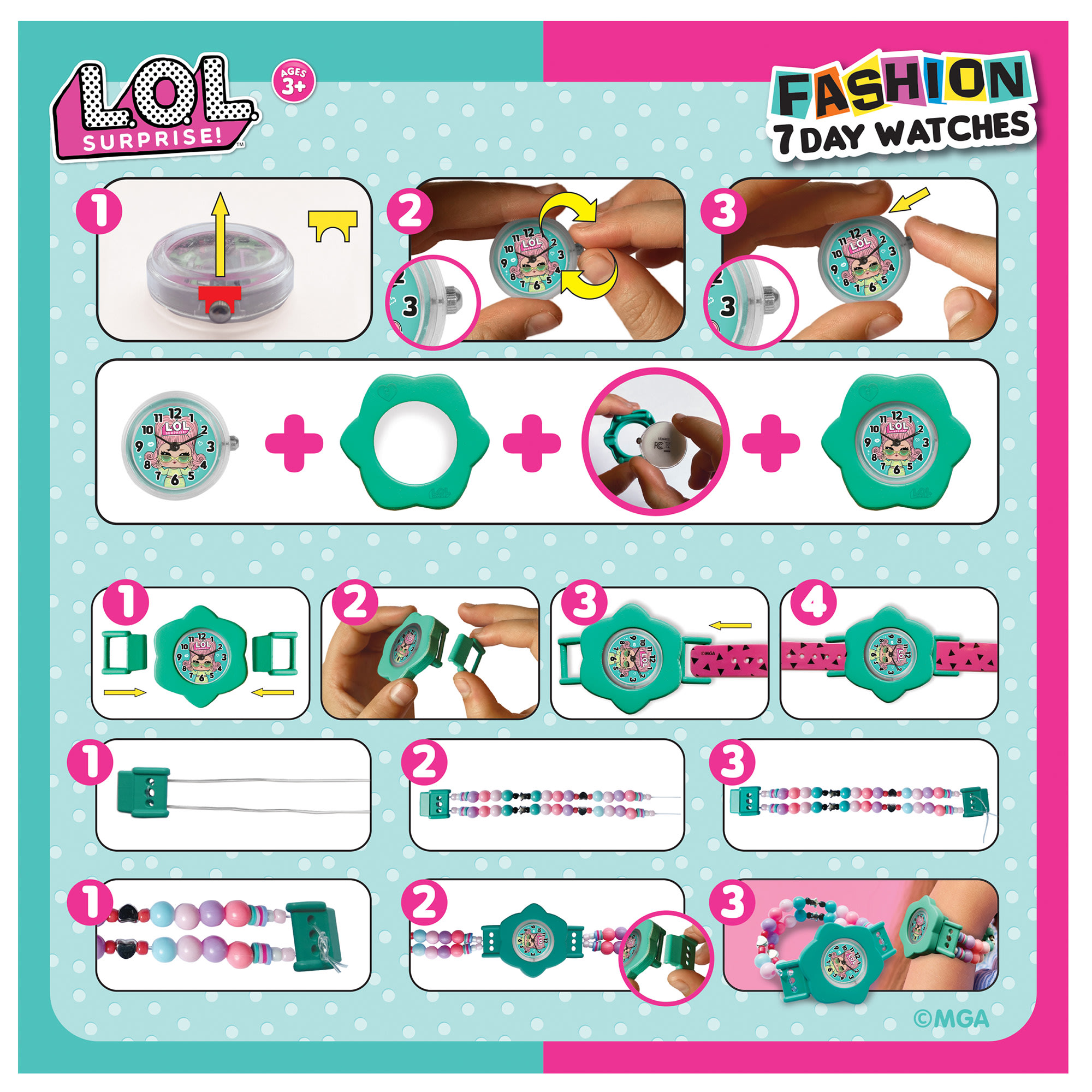 Lol Surprise: 7 Day Fashion Watches - Mix & Match Styles, Digital, New Look Every Day, DIY Jewelry Craft Kit, Green-Pink-Purple-Patterns, Kids Ages 3+