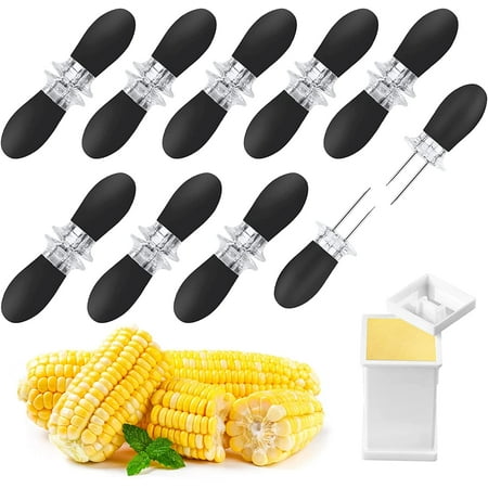 

18Pcs/9Pairs Black Corn Holders Stainless Steel Corn Cob Holders Corn on The Cob BBQ Fork Skewers with Butter Spreader for Home Cooking Parties Camping
