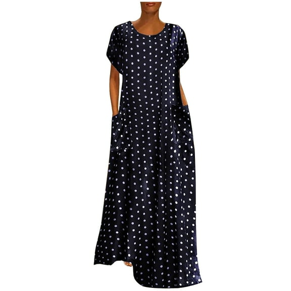 Babysbule Women's Dress Women Plus Size Loose Short Sleeve Holiday Pockets Polka Dot Print Maxi Dresses