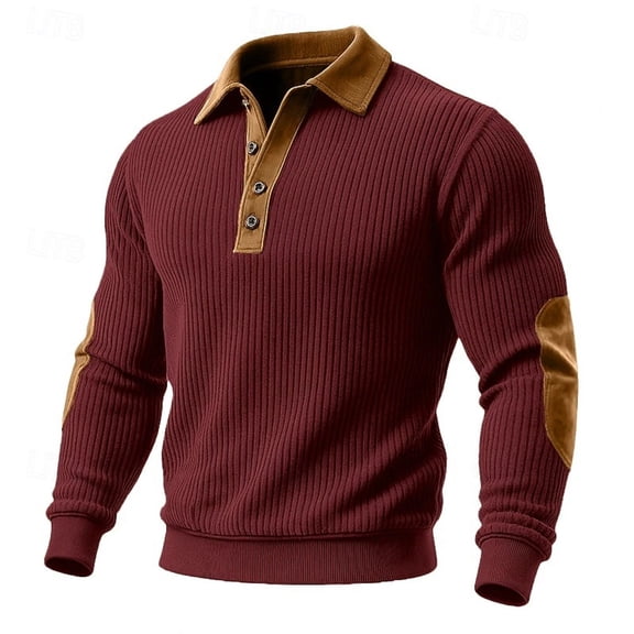 IWRICH Men's Long Sleeve Polo Shirts with Collar Casual Slim Fit Laple Button up Ribbed Golf Sweatshirts with Elbow Patches Red XL