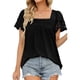 thumbnail image 1 of Blusa de manga corta con costuras de encaje Camiseta informal holgada de manga corta de color puro para mujer Negro XL, 1 of 6