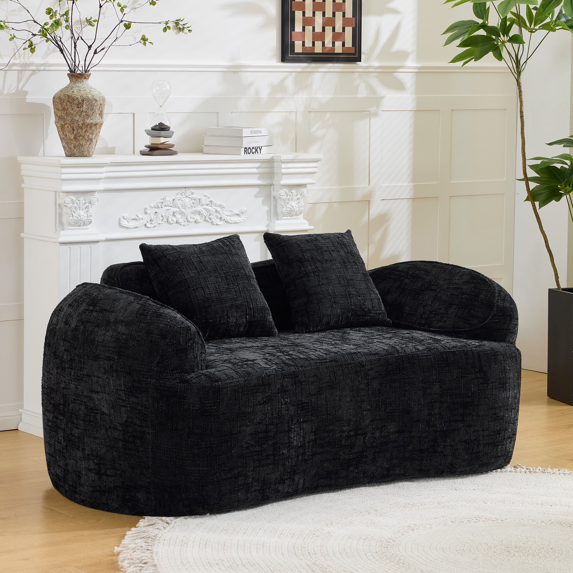 Leumius 66" 2 Seater Sofa Compress Sofa with Armrests & 2 Pillows,No Assembly Required,Compact Sofa Couch for Small Apartments,Living Room,Bedroom,Black