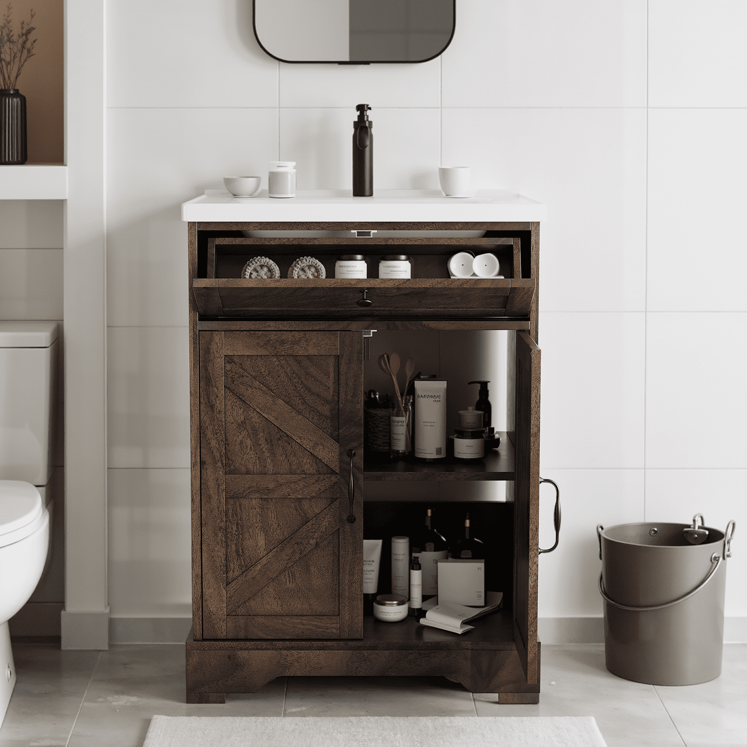 Smuxee 24" Bathroom Vanity with Integrated Sink Top, Bathroom Storage Cabinet with Flip Drawer & Doors, Walnut