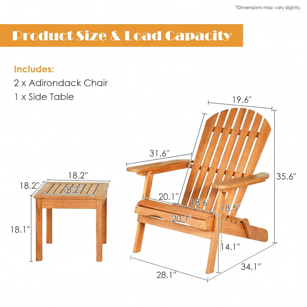 Hommoo 3-Piece Eucalyptus Adirondack Chair Set with Wide Armrests, Foldable Outdoor Patio Chairs & Side Table, Natural
