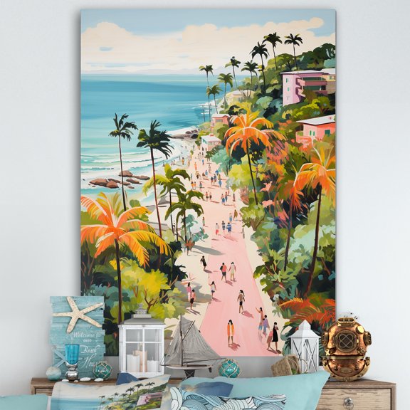 Designart "Coastal Beach Paradise in Pastel Colors II" Coastal Canvas Wall Art - Coastal Pink Coastal Beach Bedroom Canvas Wall Art