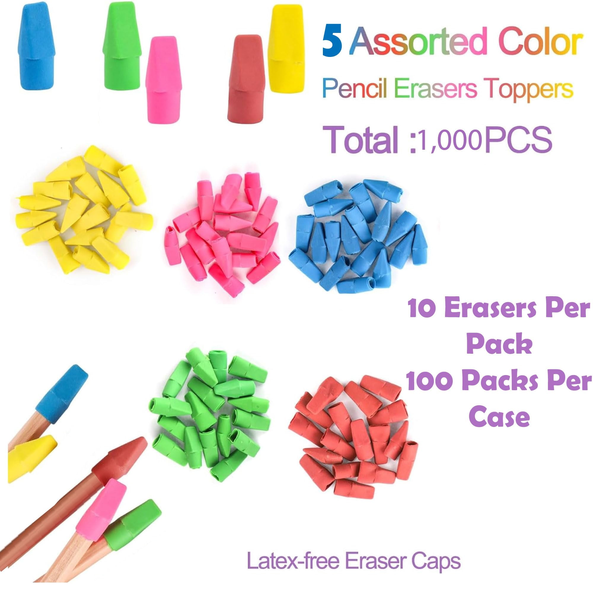 1,000 Pieces of Bulk Wholesale Eraser Pencil Toppers in 100 Packs of 10 Toppers Each for 1,000 Eraser Toppers Total in Multicolor Pack