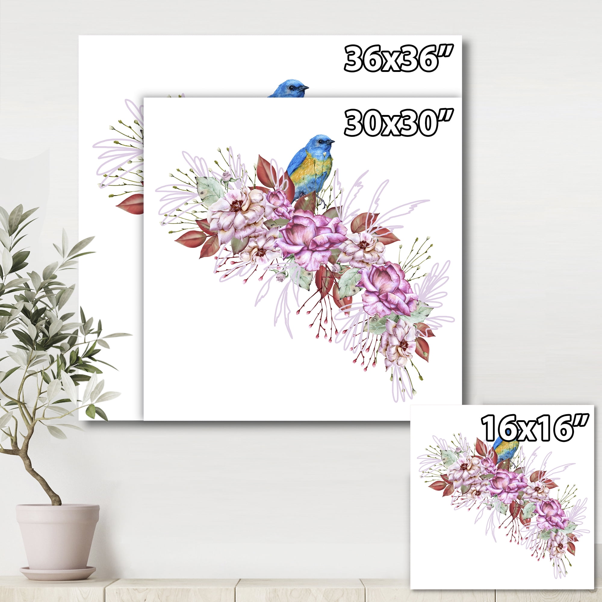 Designart ' Little Blue Bird Sitting On Colorful Boquet of Flowers ' Traditional Canvas Wall Art Print