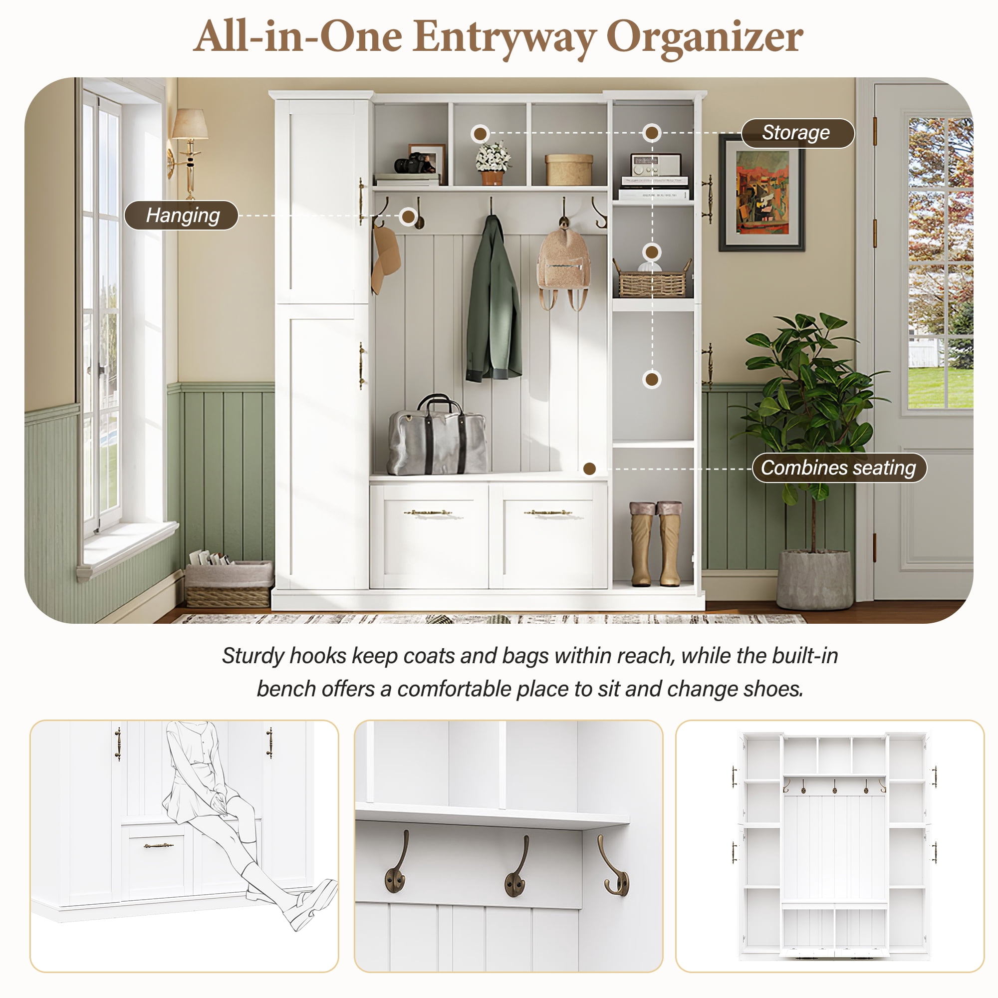 Homy Casa 60" Farmhouse Hall Tree with Built-in Bench, Coat Rack, 5 Hooks & Cabinets, White