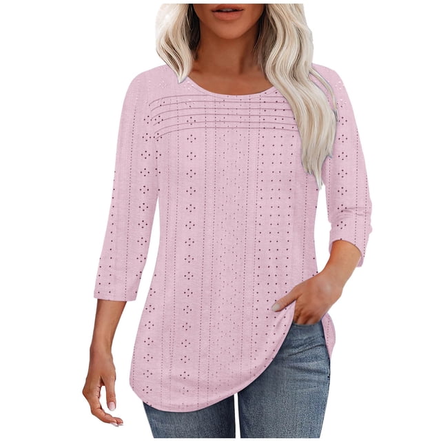 Plebaso Hauts à Manches 3/4 pour Femmes Col Rond Décontracté Tunique Ample Léger Tee Blouses Ajourées