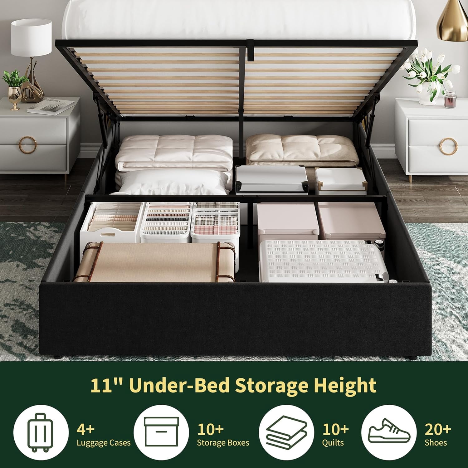 Queen Size Lift Up Storage Bed Frame with with Gold Wingback Headboard, Velvet Upholstered Bed Frame with Diamond Tufted Design & Gold Trim, Hydraulic Support, No Box Spring Needed, Black