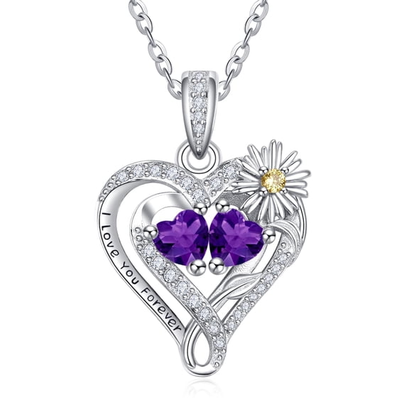TANGPOET Sterling Silver Daisy Heart Necklaces Pendant Jewelry Amethyst February Birthstone Necklace Anniversary Jewelry Gifts for Women Wife Her Girlfriend