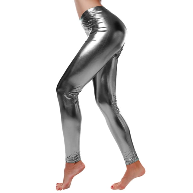 MKLEKYY Leggings deportivos mujer Leggings de cuero para mujer Pantalones de cintura metálica con aspecto mojado