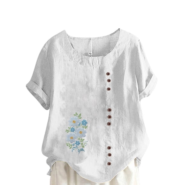 Vestidos Casuales Para Mujer, Blusas De Mujer De Moda Blusa tipo túnica informal de lino con estampado de peces del océano y botones de manga corta para mujer
