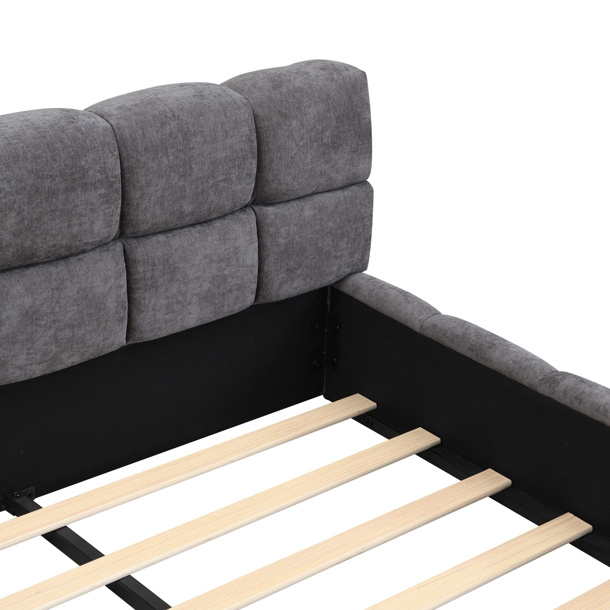 Sailvan King Chenille Upholstered Bed Frame,Modern Checkerboard Pattern Headboard,Soft Grey Fabric Platform Bed