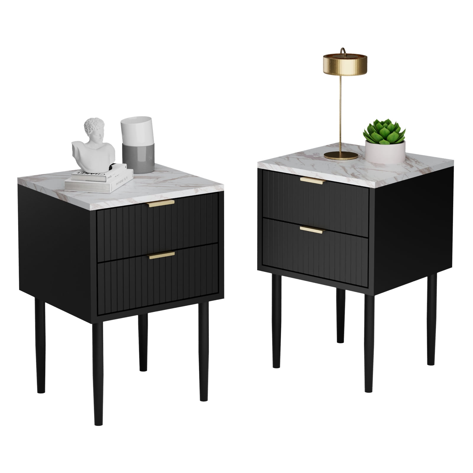 Eclife Set of 2 Nightstands Gold Handles Marble Top for Bedroom Adult Kids, Black
