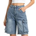 thumbnail image 3 of Women's High Waist Cargo Denim Shorts Distressed Straight Knee Length with Pockets, Loose Fit Summer Jean Pants, 3 of 8