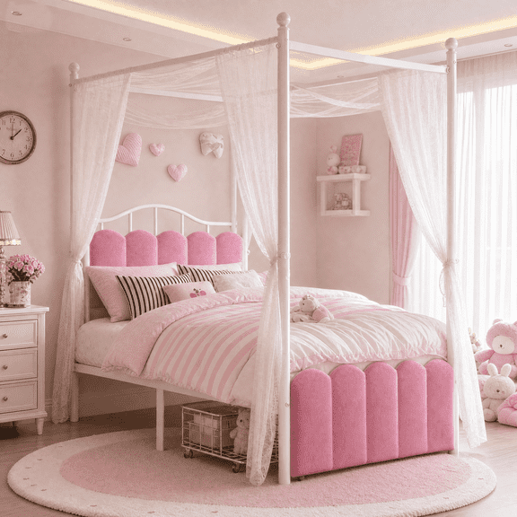 melmine Twin Size Bed Frame with Storage Drawer Canopy Bed Frame Twin with Upholstered Headboard & Charge Station & LED Light,Curtain Not Included,Easy Assembly,Pink