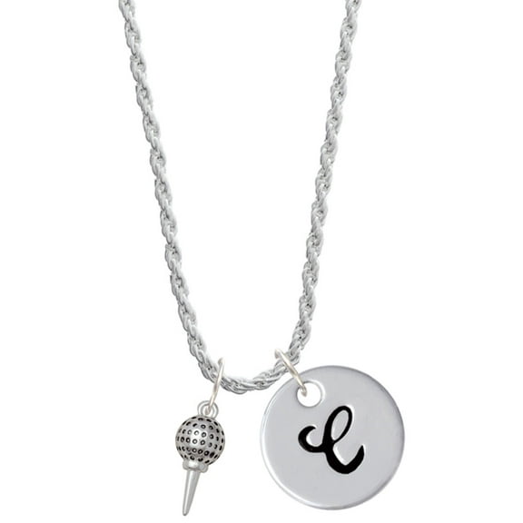 Delight Jewelry Silvertone Small Golf Ball on Tee Silvertone Script Initial Disc - C - Charm Necklace, 20" 3"