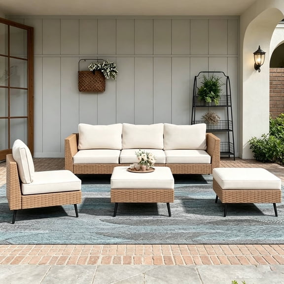 KAMEROUT 6-Piece Modular PE Wicker Sectional Sofa Set, 5 Seats & 1 Multi-Use Ottoman, All Weather Outdoor Patio Furniture with Cushions for Backyard, Pool, Porch, Deck