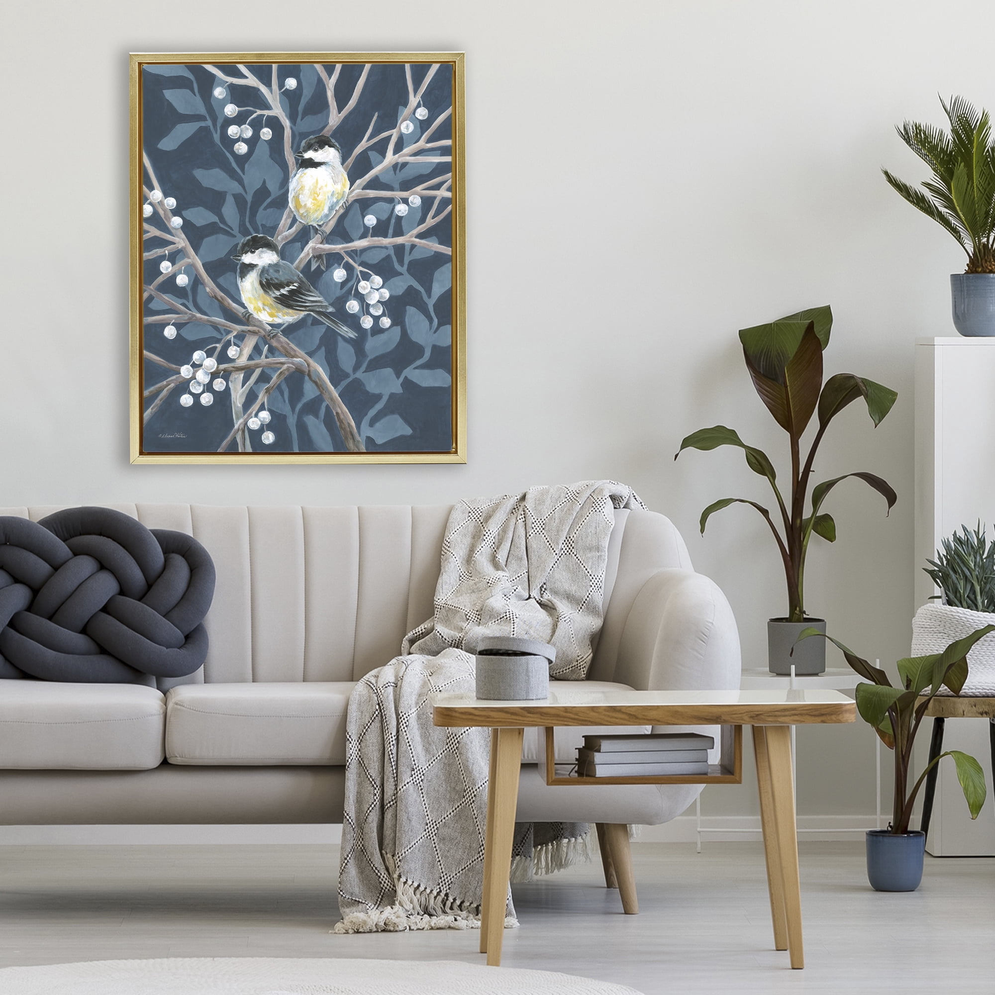 Stupell Industries Chickadees on Winter Berries Gold Framed Floater Canvas Wall Art, design by Diane Kater