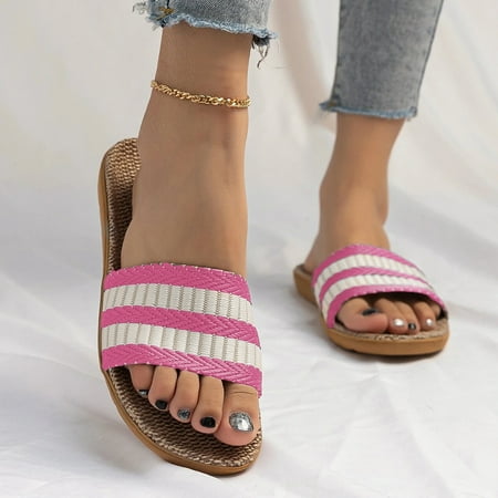 

FZM Women shoes Slippers For Women Female Stripe Bohemia Flax Linen Flip Flops Beach Shoes Sandals Slipper