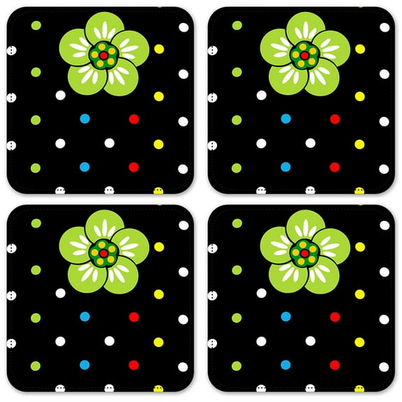 Vinyl Drink Coasters - Set of 4 - Polka Dots with Flower