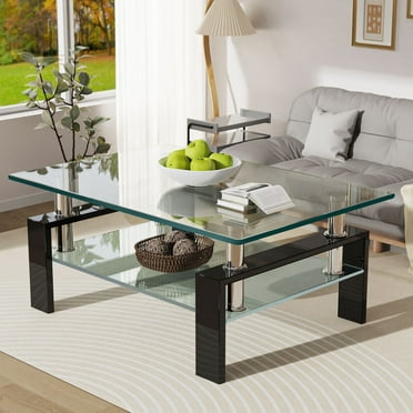 ADHINO Simple Clear Glass Coffee Table with Black Metal Legs and Lower Shelf for Living Room, 39.37"x23.62"x23.62"