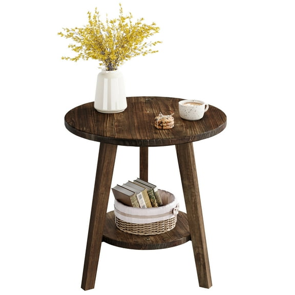 Tribesigns Solid Wood Round End Table, Sofa Side Table with Storage Shelf, Farmhouse Nightstand for Living Room, Bedroom, Easy Assembly
