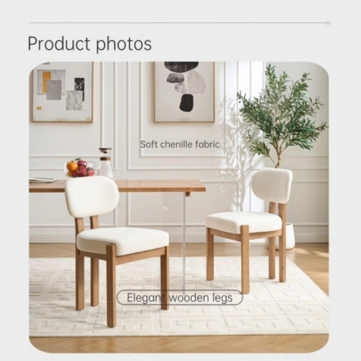 Dining Chairs Set of 2, Chenille Upholstered Wood Kitchen Chairs, 3.95" Thick Foam Cushion Wingback Dining Room Chairs, Beige