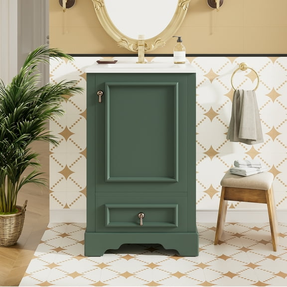 Euroco 20 Inch Bathroom Vanity with Ceramic Sink, Soft Close Door, Adjustable U-Shaped Shelf, Compartment Drawer and Door Storage Rack, Modern Style, Space-Saving Design