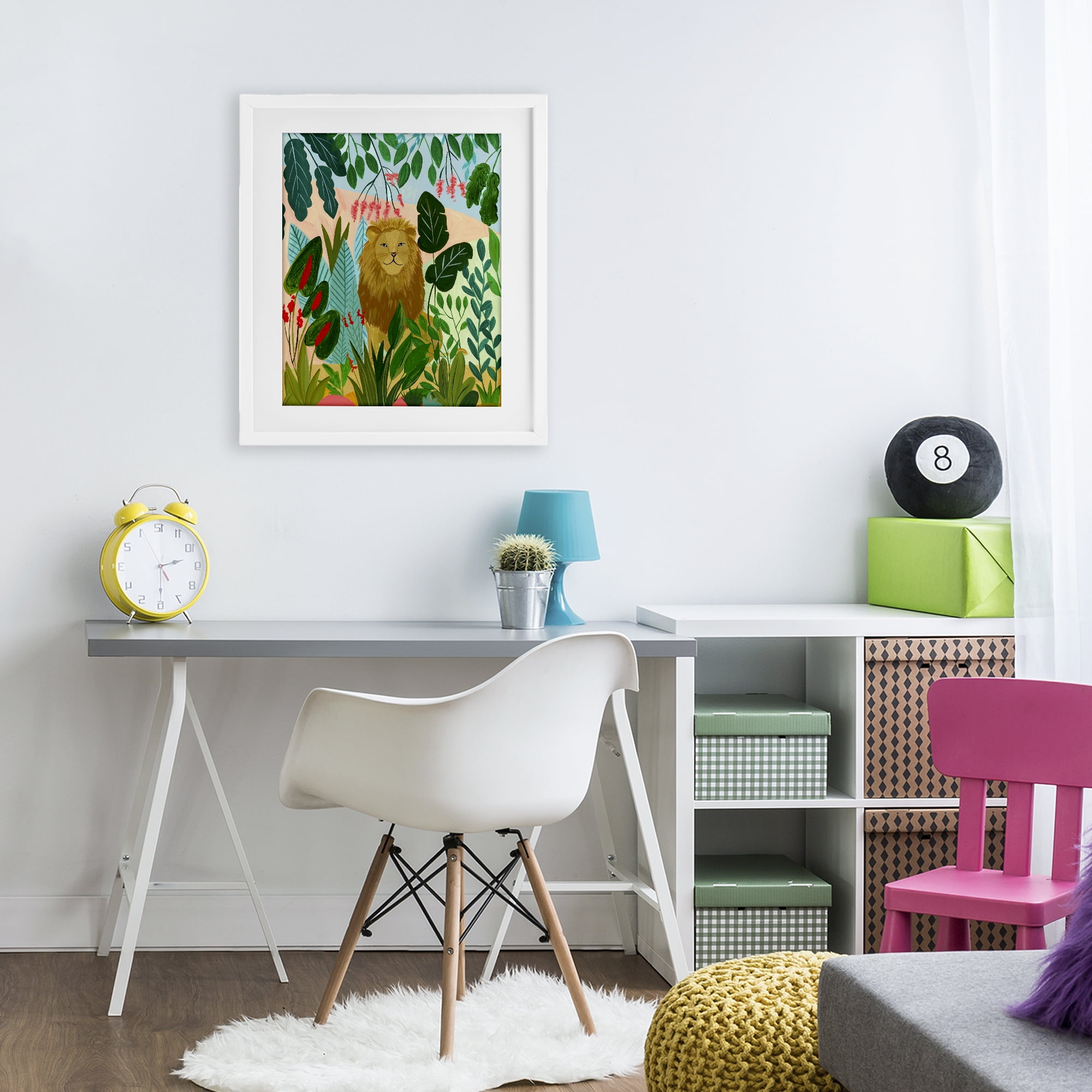 Stoic Lion Tropical Forest White Framed Print Under Glass, design by Nabeela Rumi