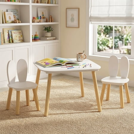 Children s table and chair set (3 pieces): one table and two chairs solid wood legs toddler activity table set baby drawing game and learning table.