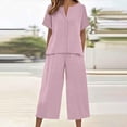 thumbnail image 3 of Bloomae Linen Sets for Women 2 Piece Short Sleeve Button Down V Neck Tops Wide Leg Pants Matching Lounge Sets Summer Beach Vacation Outfit Clothes Pink XL, 3 of 7