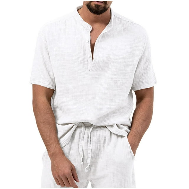 Mens Casual de Manga Corta Botón Abajo Camisas Sólidas de Pie de Cuello Blusa, Suelto Ajuste Botón Superior para el Verano