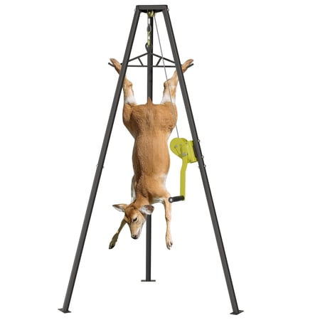 YOHKOH Heavy-Duty Tripod Deer Hoist 500 lbs Hunting Game Stand with Gambrel & Manual Winch Portable Skinning Rack for Deer Cleaning & Processing Black